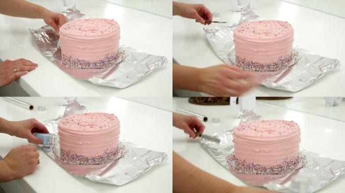 面包店的女人用糖霜装饰蛋糕