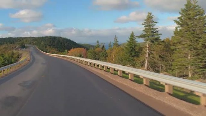 FPV: 在高速公路上行驶，穿过北方森林，驶向海岸