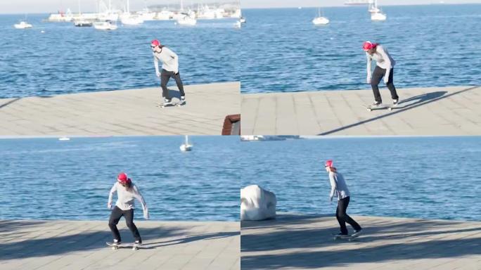 特写: 年轻的滑冰运动员在海边玩滑板跳跳技巧