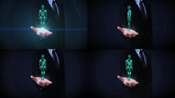 商人开手掌，旋转透明3D机器人机身，x光扫描。