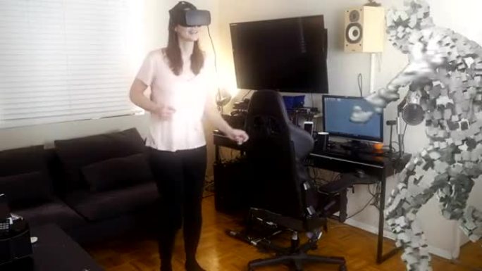 女人穿着VR谷歌与虚拟伴侣跳舞。
