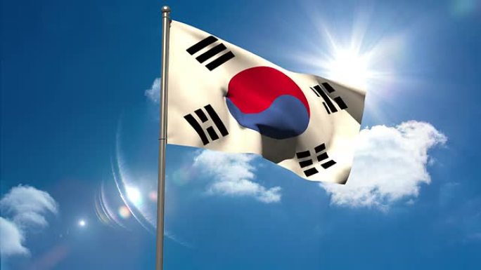 大韩民国国旗在旗杆上挥舞