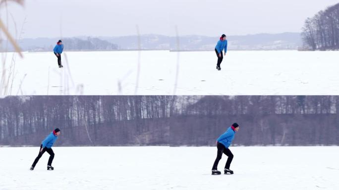 4k十几岁的男孩滑冰，在冰冻的湖上跑步，慢动作