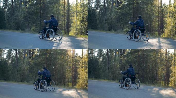 一名残疾人在路上移动训练轮椅