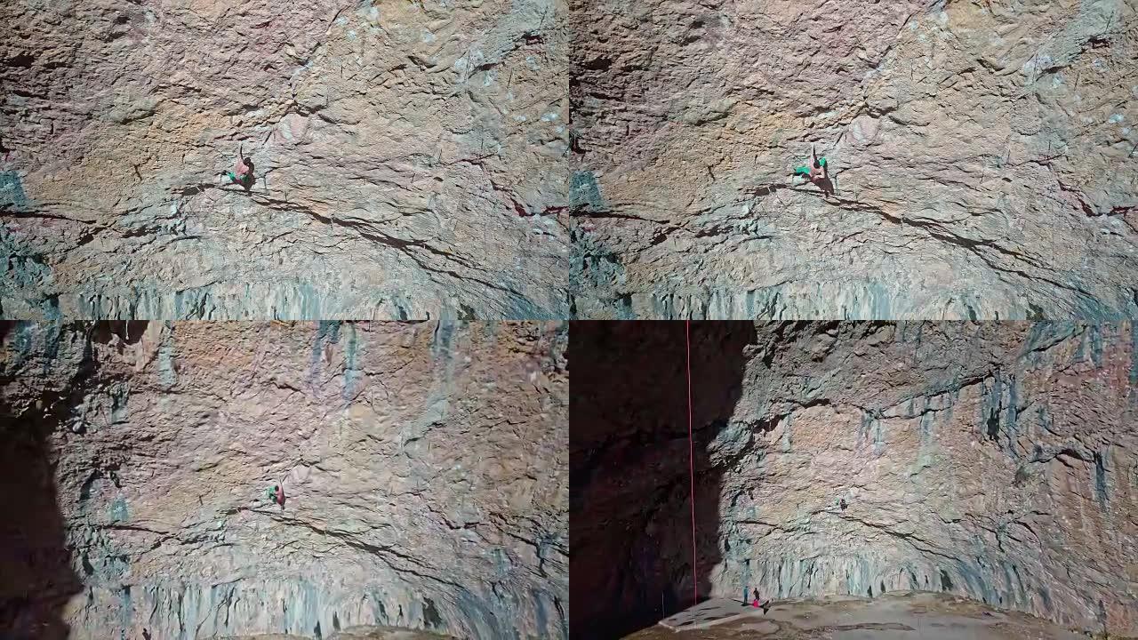 攀岩者在比利牛斯山脉攀登洞穴的航拍视频