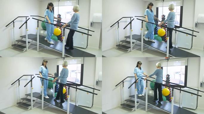 护士指导患者在康复中心的斜坡上行走