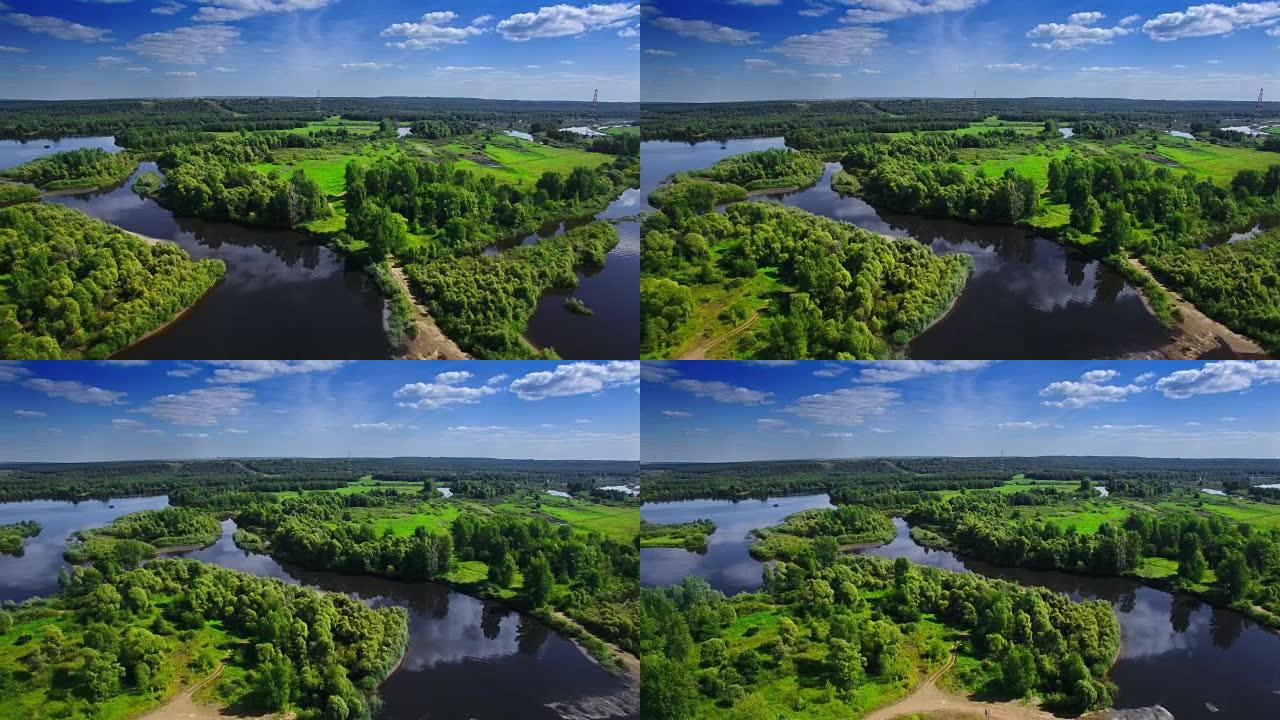 空中飞越中欧，俄罗斯，鞑靼斯坦的清澈的蓝色河流和绿色原生森林