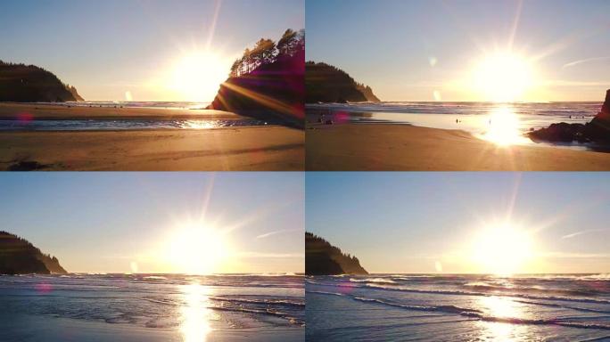 在西北太平洋地区以戏剧性的光线飞越海岸的空中日落景色