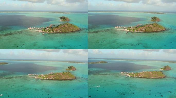空中飞行:在一个美丽的夏日里，在著名的异国海岛博拉博拉岛(Bora Bora)，在巨大的水晶般清澈的