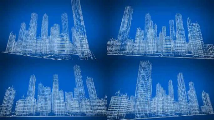 现代建筑的数字化旋转蓝图。蓝色。循环3d动画。建设和技术概念。