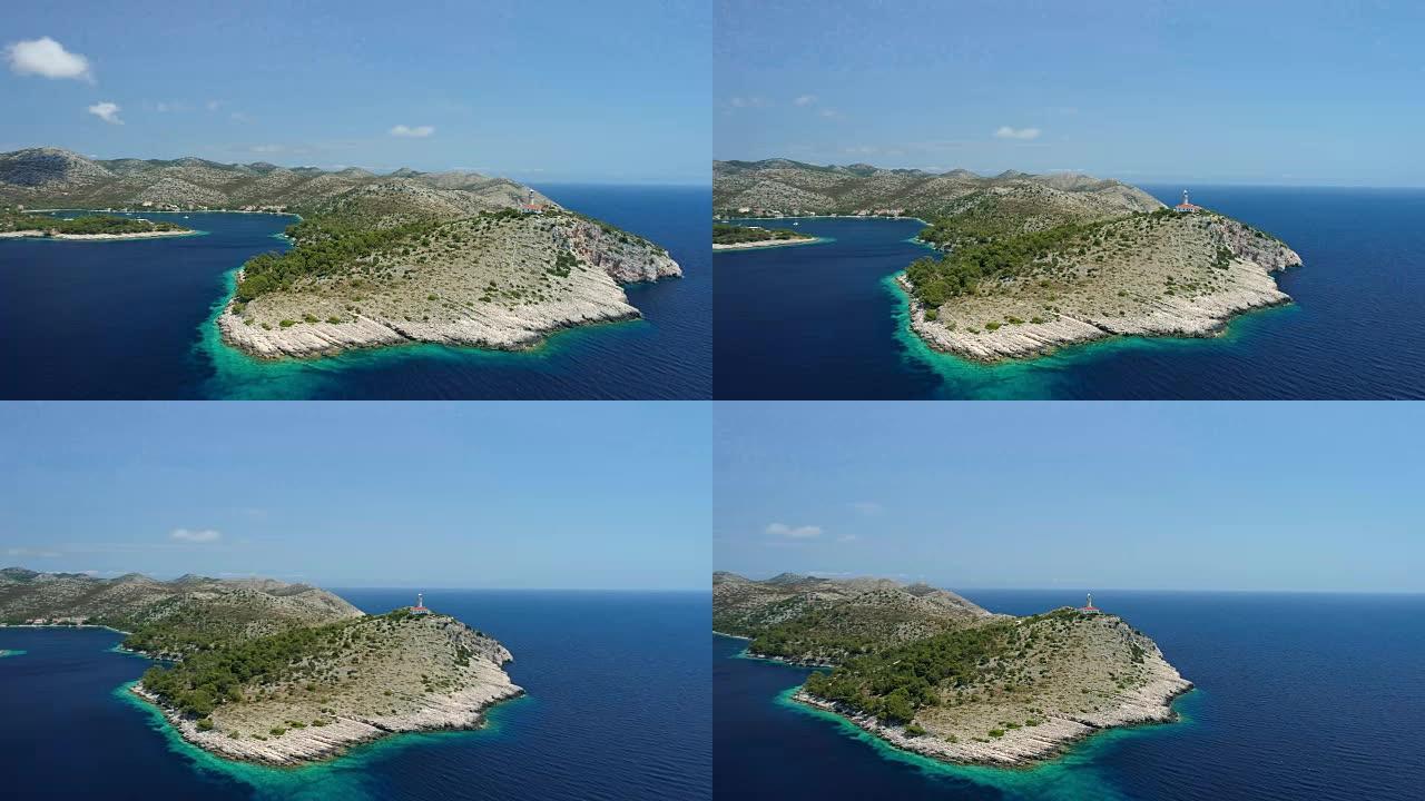 克罗地亚拉斯托沃阳光明媚的岛屿周围的无人机视点蓝色海洋