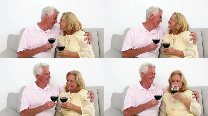 退休夫妇在沙发上喝红酒