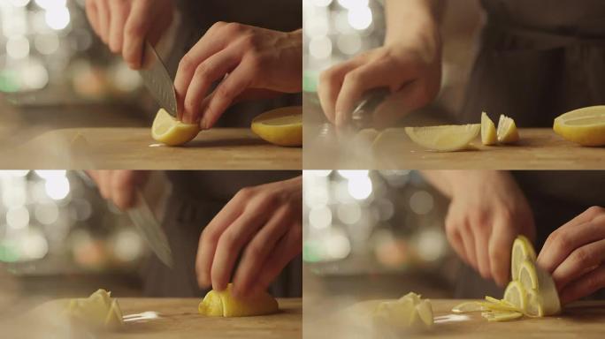 专业厨师正在厨房里快速切柠檬。
