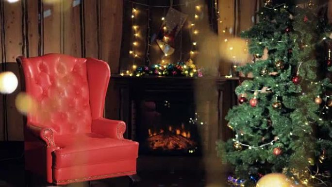 圣诞树站在装饰壁炉附近的客厅里。没人，没人。