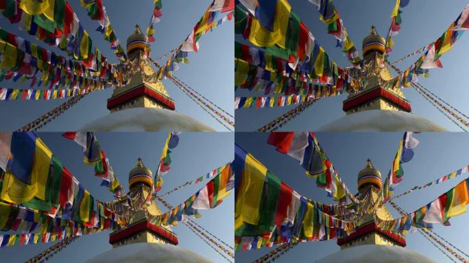 在日出的灯光下，博达哈纳塔的经幡旗。加德满都,尼泊尔。吊车拍摄，超高清，4K