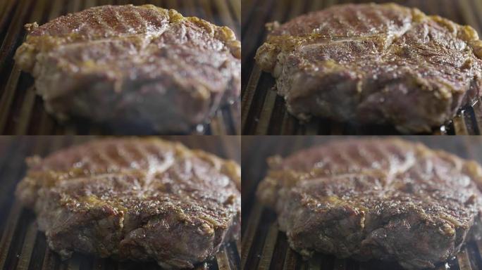 在烤架上烹饪牛排美食牛肉特写