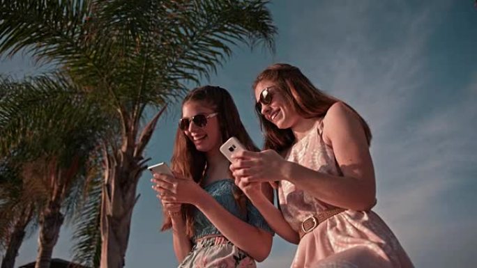 时髦的青少年最好的朋友在棕榈树海滩发短信