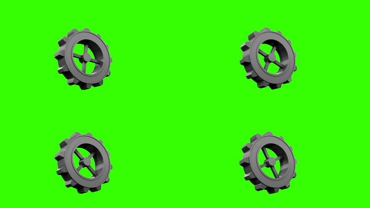 齿轮和车轮在绿色屏幕上转动