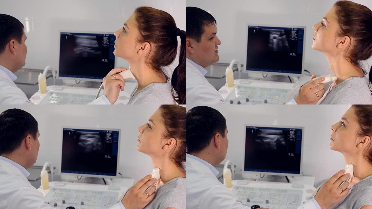 喉部超声检查过程的特写