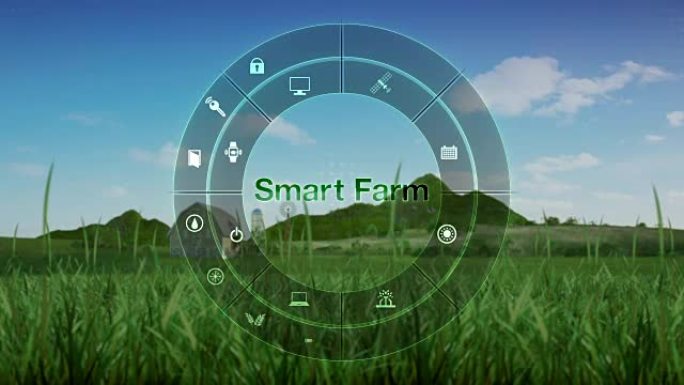 智能农场在圆形信息图形图标，智能农业，物联网。第四次工业革命。