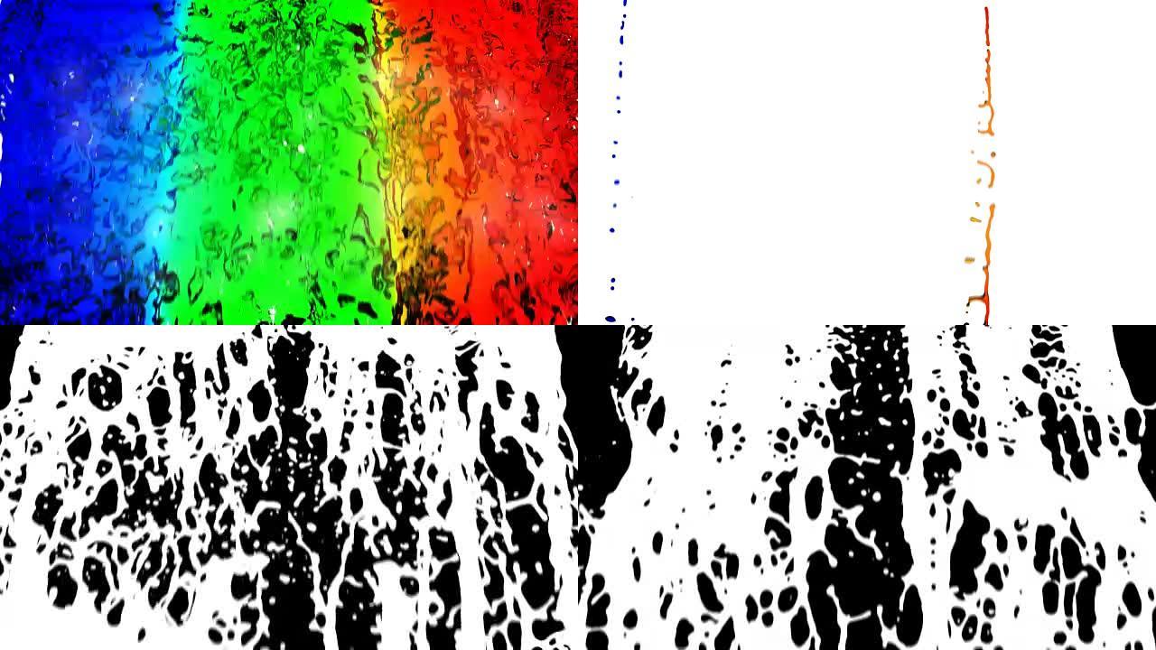 彩色水落在白色背景上，高清1080。阿尔法频道。