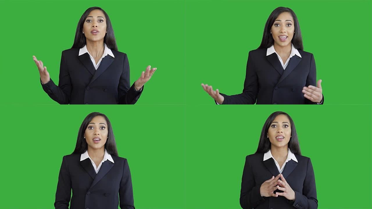 绿色屏幕色度关键背景上孤立的年轻非洲裔美国女商人的生活方式肖像