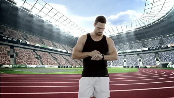男运动员在热身时设置智能手表