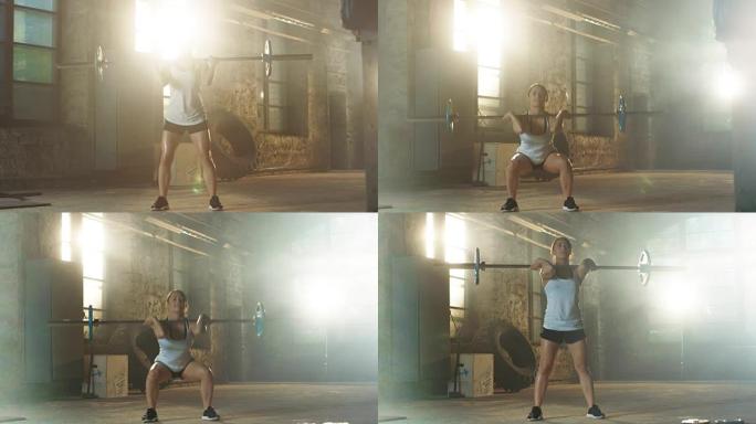 强壮的运动女性在运动服装举起沉重的杠铃和做深蹲作为她的健身训练的一部分。健身房在改造工厂。