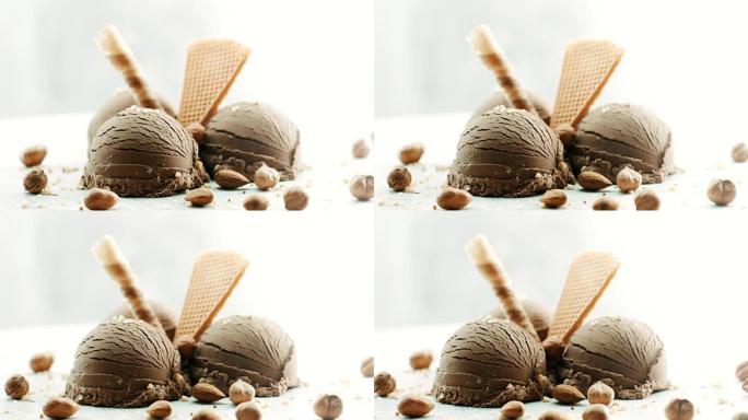 巧克力冰淇淋配杏仁和榛子，顶部装饰
