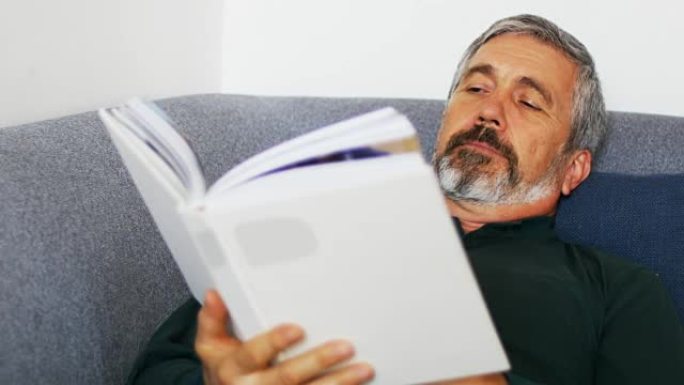 男子在客厅4k沙发上放松时阅读小说