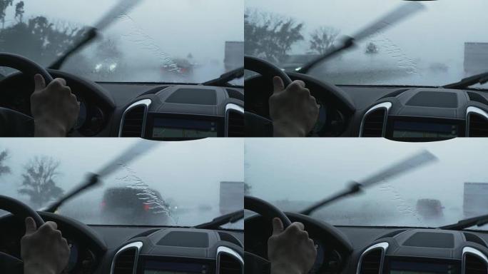 下雨时在高速公路上行驶。视点。