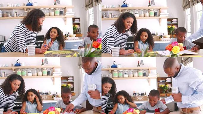 年轻的黑人家庭在他们的厨房岛聊天，特写