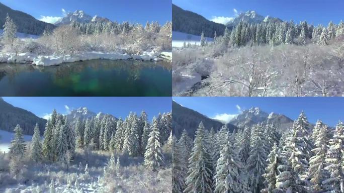 空中: 冬季景观中的美丽山湖