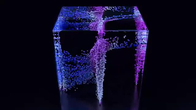 粒子在玻璃立方体内部旋转。