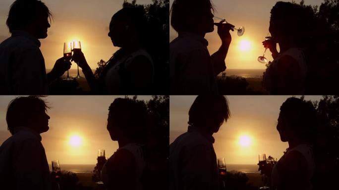 浪漫的情侣敬酒，欣赏日落，拍摄于R3D