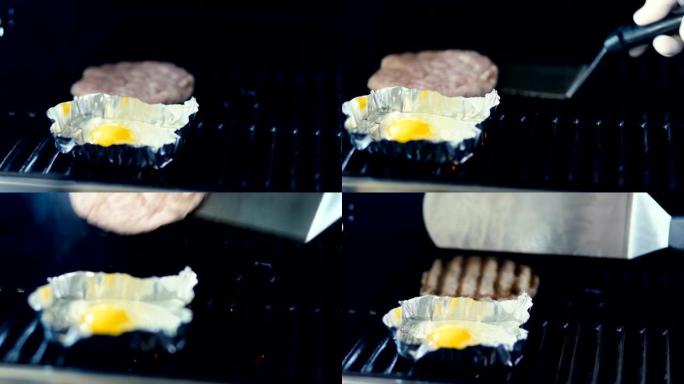 厨师在烤架上准备黑汉堡的鸡蛋和肉饼的特写镜头
在餐厅厨房