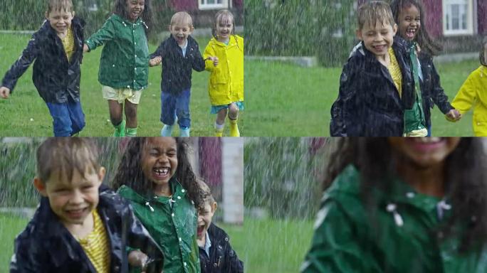 没有雨伞的孩子在雨中奔跑