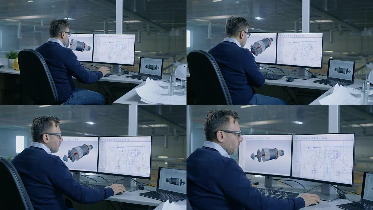 首席男工程师在涡轮或发动机零件的3D模型上进行设计。第二个屏幕显示技术蓝图。从办公室窗户出来的大工厂