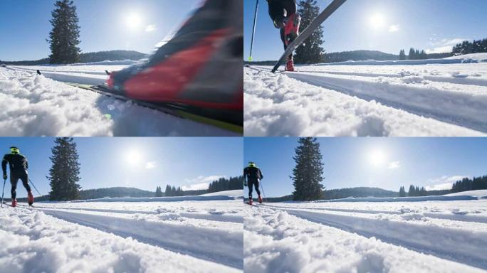 在平行凹槽滑雪道上的越野滑雪者