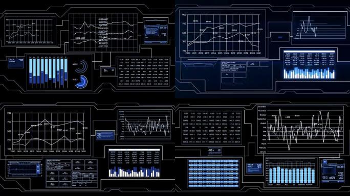 美丽的蓝色全息图黑色，带有耀斑和闪光，工作未来派技术界面出现，图形和数字分析数据平视显示器业务概念。