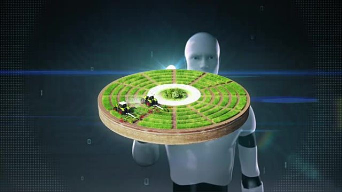 机器人，机器人触摸智能农业，智能农场，用拖拉机耕种田地，地面连接物联网，第四次工业革命。