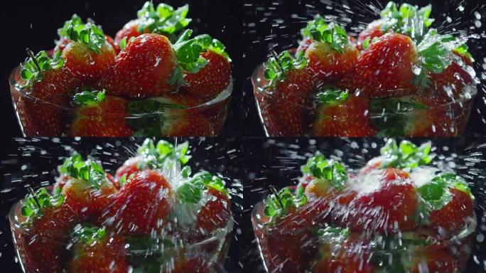 在红色草莓上泼水