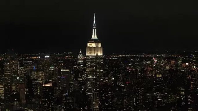 空中直升机拍摄: 神奇的夏夜曼哈顿中城天际线城市灯光