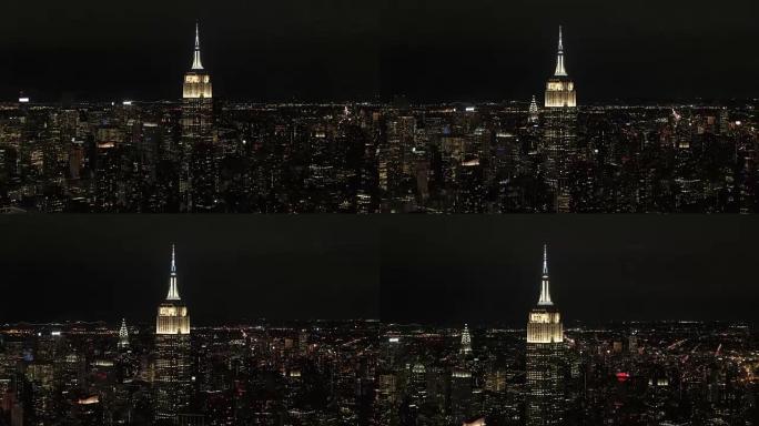 空中直升机拍摄: 神奇的夏夜曼哈顿中城天际线城市灯光