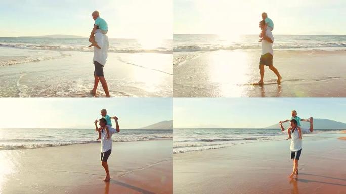 日落时，父亲背着儿子在沙滩上散步。