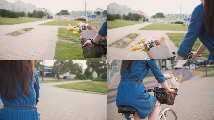 身份不明的女孩的胳膊和腿踩着脚踏车，穿着夏天的鞋子和衣服，缓慢的mo，steadicam射击