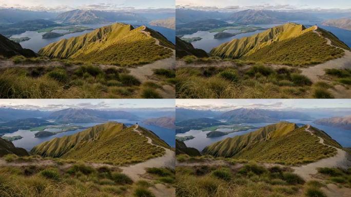 新西兰瓦纳卡湖罗伊山的山顶徒步旅行，延时运动，多莉从左到右拉屎