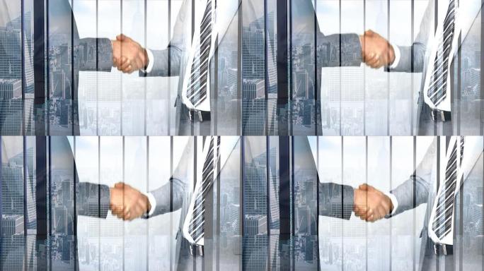 商业工作者与摩天大楼覆盖层握手