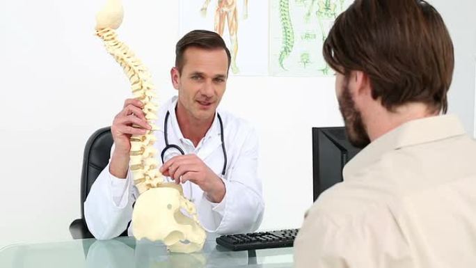 医生展示他的脊椎病人模型