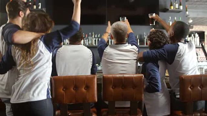 朋友在体育酒吧观看比赛的后视图庆祝